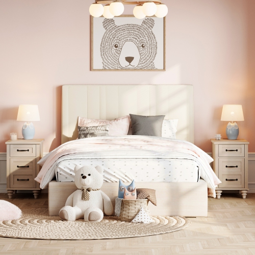 WAMPAT Set of 2 End Tables with Charging Station, Beige Side Table with Storage Cabinet & Drawer, Wooden Nightstands with Power Outlets & USB Ports