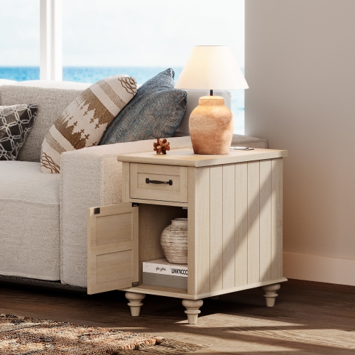 WAMPAT Set of 2 End Tables with Charging Station, Beige Side Table with Storage Cabinet & Drawer, Wooden Nightstands with Power Outlets & USB Ports