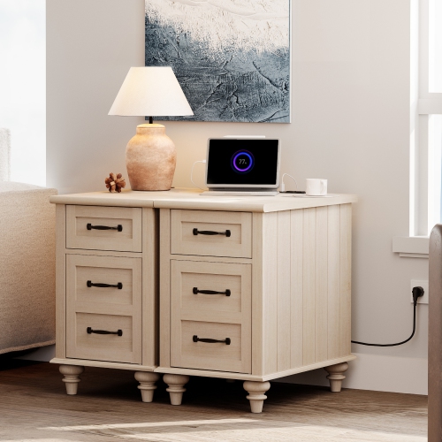 WAMPAT Set of 2 End Tables with Charging Station, Beige Side Table with Storage Cabinet & Drawer, Wooden Nightstands with Power Outlets & USB Ports