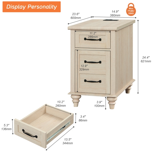 WAMPAT End Table with Charging Station, Beige Side Table with Storage Cabinet & Drawer, Wooden Nightstand with Power Outlets & USB Ports for Bedroom,