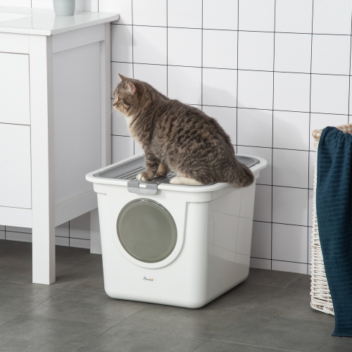 PawHut – Bac à litière pour chats, bac à litière fermé avec entrée avant, sortie supérieure, pelle, toilette pour chats facile à nettoyer, blanc