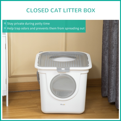 PawHut – Bac à litière pour chats, bac à litière fermé avec entrée avant, sortie supérieure, pelle, toilette pour chats facile à nettoyer, blanc
