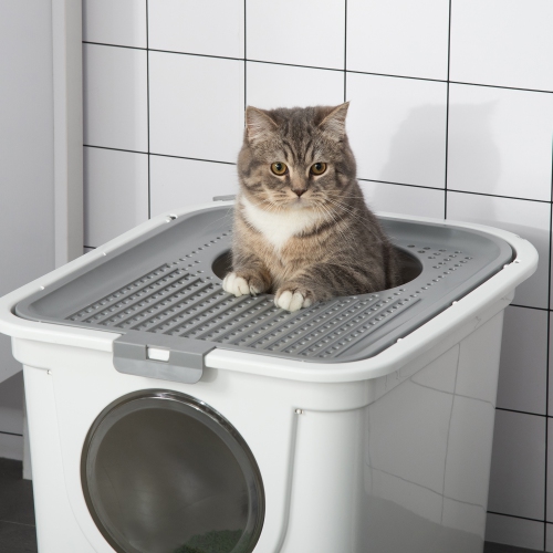 PawHut – Bac à litière pour chats, bac à litière fermé avec entrée avant, sortie supérieure, pelle, toilette pour chats facile à nettoyer, blanc