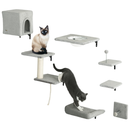 PAWHUT  Cat Wall Shelves, 7PCs Cat Shelves With Perches, House, Sisal Post Ladder, Bed & Ball, Ceiling Wall Mounted Cat Climber In Grey