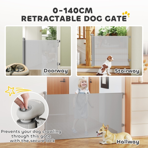 PawHut Retractable Dog Gate, Mesh Stair Pet Gate Extends Up to 55" Wide, 34" Tall, for Stairs, Doorways, Hallways, Indoor and Outdoor, Grey