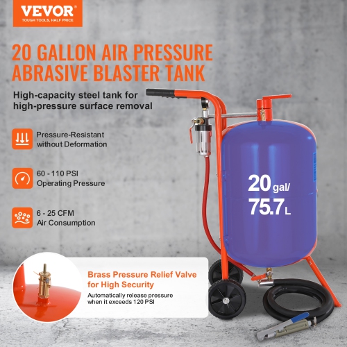 VEVOR 20 Gallon Sand Blaster, 60-110 PSI High Pressure Sandblaster, Portable Abrasive Blasting Tank, Air Sand Blasting Kit with 4 Ceramic Nozzles and