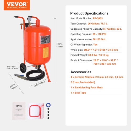 VEVOR 20 Gallon Sand Blaster, 60-110 PSI High Pressure Sandblaster, Portable Abrasive Blasting Tank, Air Sand Blasting Kit with 4 Ceramic Nozzles and