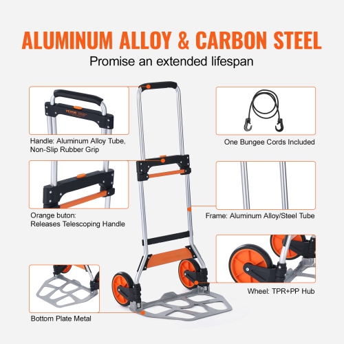 VEVOR Folding Hand Truck, 275 lbs Load Capacity, Aluminum Portable Cart, Convertible Hand Truck and Dolly with Telescoping Handle and PP+TPR Wheels,