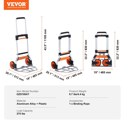 VEVOR Folding Hand Truck, 275 lbs Load Capacity, Aluminum Portable Cart, Convertible Hand Truck and Dolly with Telescoping Handle and PP+TPR Wheels,