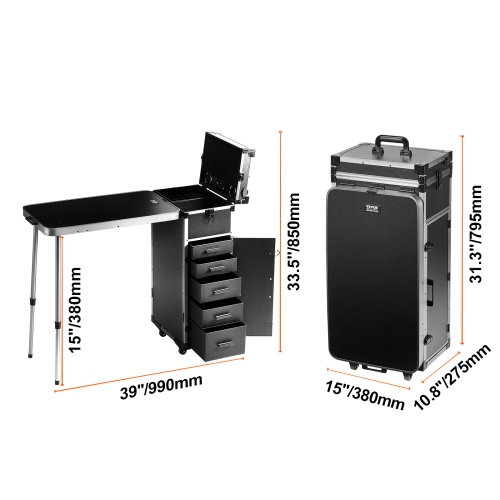 VEVOR Professional Makeup Train Case Aluminum Cosmetic Case, With Supporting Legs, Rolling Makeup Case Extra Large Trolley Makeup Travel Organizer,