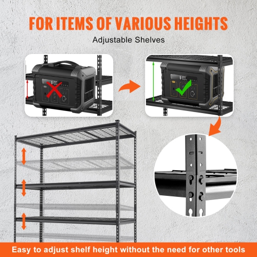 VEVOR 5-Tier Adjustable Storage Shelving Unit, 2000 lbs Capacity, Heavy Duty Garage Shelves Metal Organizer Wire Rack, Black, 60" L x 24" W x 78" H