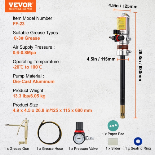 VEVOR Grease Pump, 50:1 Pressure Ratio Air Operated Grease Pump with 13 ft High Pressure Hose and Grease Gun, Pneumatic Lubrication Grease Pump with
