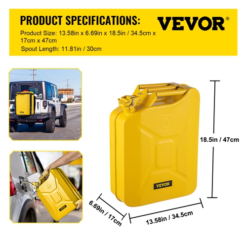VEVOR 5.3 Gallon / 20 L Jerry Fuel Can, Portable Jerry Gas Can with Flexible Spout System, Rustproof ＆ Heat-resistant Steel Fuel Tank for Cars Trucks