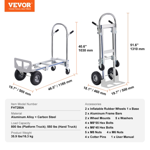 VEVOR 2 in 1 Aluminum Hand Truck, 800 lbs Load Capacity, Industrial Folding Hand Truck and Dolly, Utility Cart Converts from Hand Truck to Platform
