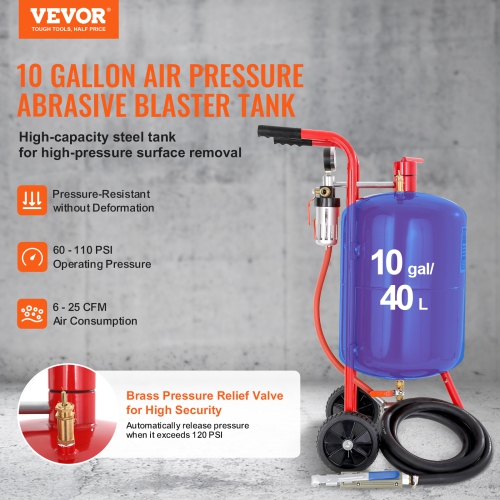 VEVOR 10Gal/40L Sandblaster Equipped with Nozzle Shut-Off Valve Pressure Gauge Ceramic Nozzle 2.5m Hose Filling Funnel Watertrap 6" Rubber Wheels