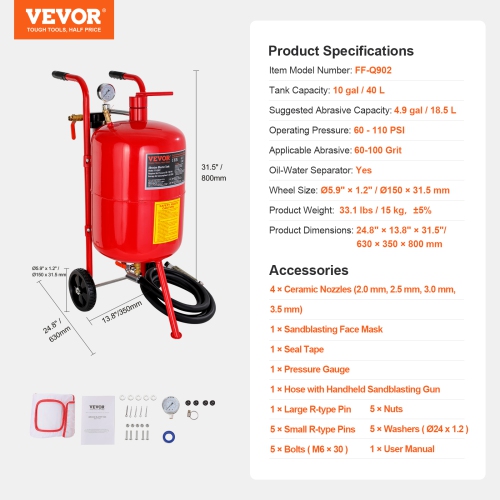 VEVOR 10Gal/40L Sandblaster Equipped with Nozzle Shut-Off Valve Pressure Gauge Ceramic Nozzle 2.5m Hose Filling Funnel Watertrap 6" Rubber Wheels