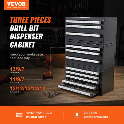 VEVOR 3 Pieces Three-Drawer Drill Bit Dispenser Cabinet, for 1/16" to 1/2" & Letter Sizes A to Z, Five-Drawer Drill Bit Organizer for Wire Gauge #1