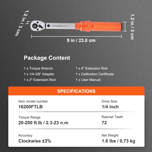 VEVOR 1/4-inch Torque Wrench, Torque Wrench 20-200in.lb/3-23n.m, Dual-Direction Torque Wrench Set, Mechanical Dual Range Scales Torque Wrench Kit