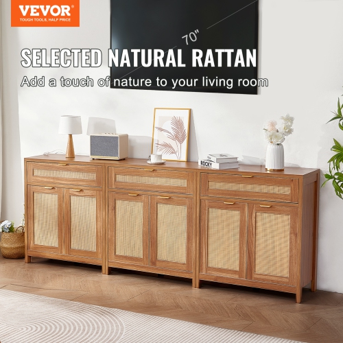 VEVOR Set of 3 Rattan Cabinet, Rattan Storage Cabinet with 6 Magnetic Doors and 3 Drawers, Sideboard Buffet Cabinet with Adjustable Shelves, for