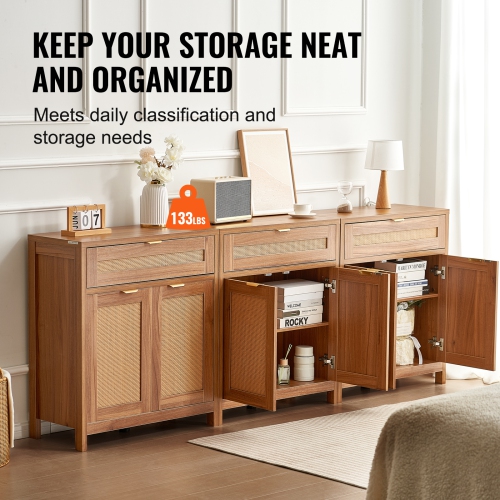 VEVOR Set of 3 Rattan Cabinet, Rattan Storage Cabinet with 6 Magnetic Doors and 3 Drawers, Sideboard Buffet Cabinet with Adjustable Shelves, for