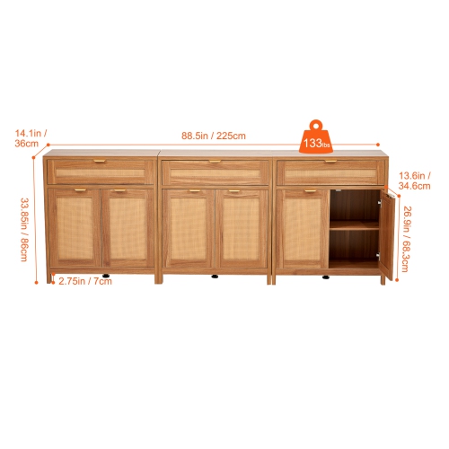 VEVOR Set of 3 Rattan Cabinet, Rattan Storage Cabinet with 6 Magnetic Doors and 3 Drawers, Sideboard Buffet Cabinet with Adjustable Shelves, for