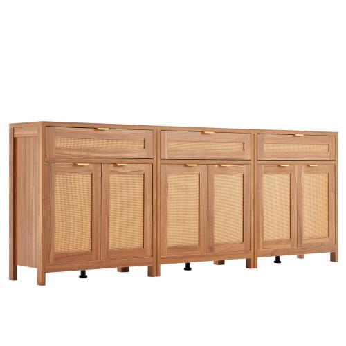 VEVOR Set of 3 Rattan Cabinet, Rattan Storage Cabinet with 6 Magnetic Doors and 3 Drawers, Sideboard Buffet Cabinet with Adjustable Shelves, for