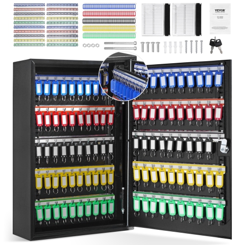 VEVOR  200-Key Cabinet, Key Lock Box w Adjustable Racks, Security Key Storage Box Steel, Key Organizer w 200 Colorful Key Tags And 4 Record Cards