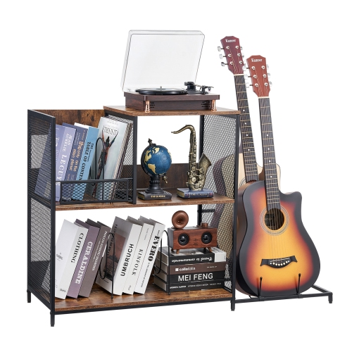 VEVOR  3-Tier Record Player Stand \w Guitar Holder, Turntable Stand \w Storage Holds Up to 300 Albums, Vinyl Record Cabinet \w Metal Mesh Frame For