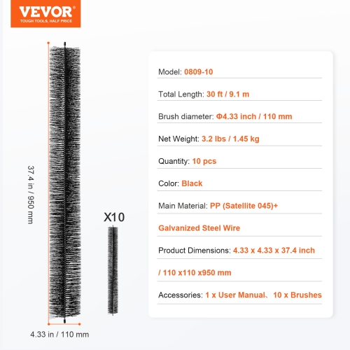 VEVOR 10 Pack Gutter Brush, 30 Feet Total Length 4.33 inch Diameter Gutter Cleaning Tools, Ground-Level Gutter Brush Leaf Guard for 5 Inch Gutters,