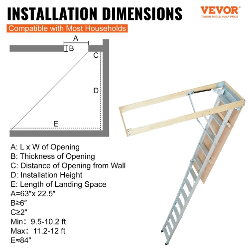 VEVOR 22.5" x 63" Attic Ladder Foldable, 350-pound Capacity, Multi-Purpose Aluminium Extension, Lightweight and Portable,Fits 9.5'-12' Ceiling
