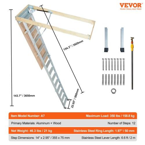 VEVOR 22.5" x 63" Attic Ladder Foldable, 350-pound Capacity, Multi-Purpose Aluminium Extension, Lightweight and Portable,Fits 9.5'-12' Ceiling