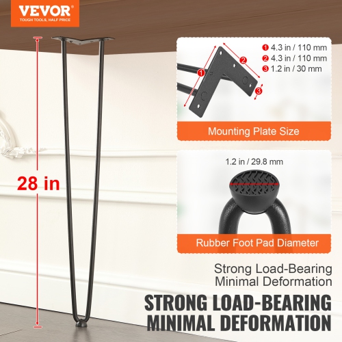VEVOR 28" Hairpin Furniture Legs, Metal Home DIY Projects for Nightstand, 500lbs Load Capacity with Rubber Floor Protectors, Metal Heavy Duty Sturdy