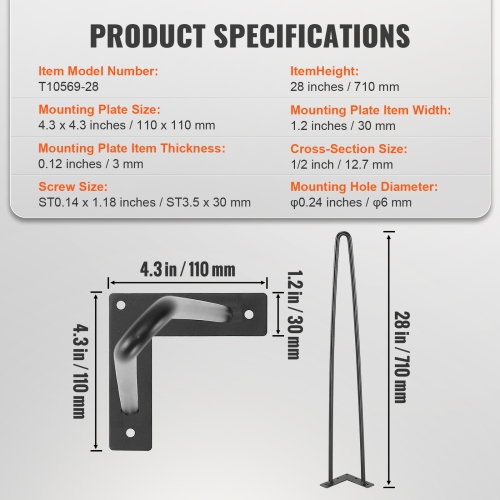 VEVOR 28" Hairpin Furniture Legs, Metal Home DIY Projects for Nightstand, 500lbs Load Capacity with Rubber Floor Protectors, Metal Heavy Duty Sturdy