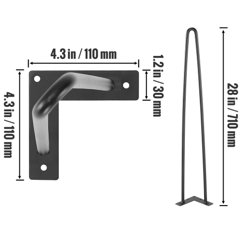 VEVOR 28" Hairpin Furniture Legs, Metal Home DIY Projects for Nightstand, 500lbs Load Capacity with Rubber Floor Protectors, Metal Heavy Duty Sturdy