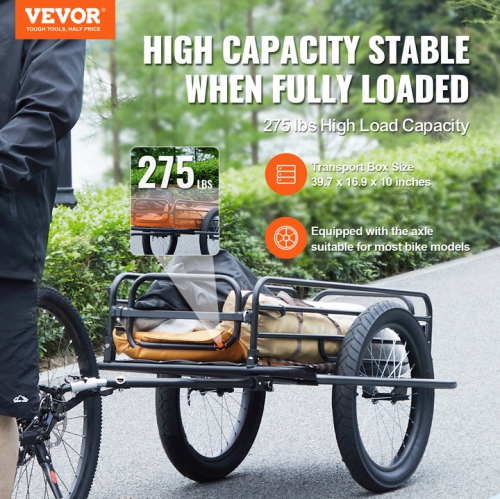 Remorque pour vélo VEVOR, capacité de charge 275&nbsp;lb, chariot pour vélo robuste, rangement compact pliable et dégagement rapide avec attelage