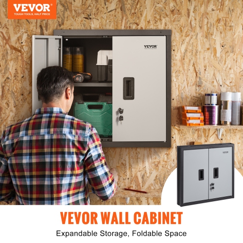 VEVOR 26” Foldable Wall Cabinet, Metal Garage Cabinet Wall Mounted Small Cabinet 240 LBS Loading Capacity Adjustable Shelf Magnetic Door File Locker