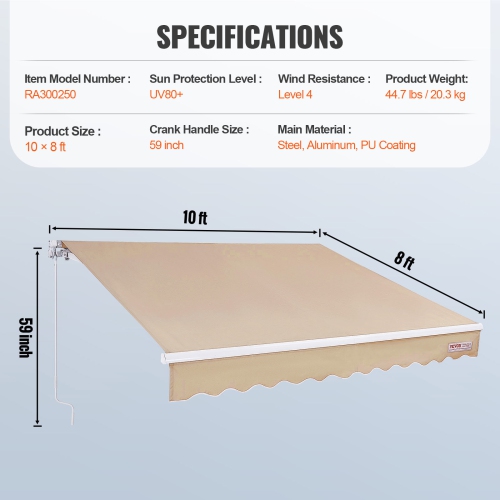 VEVOR 10x8 ft Manual Retractable Awning, Outdoor Patio Awning Retractable Sun Shade, Water-Resistant Polyester Patio Door Window Awning Sunshade