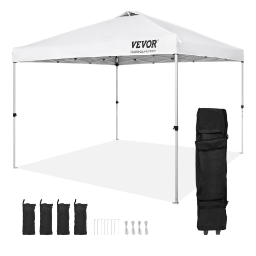 VEVOR 10 x 10 ft Pop Up Canopy Tent, 250 D PU Silver Coated Tarp, with Portable Roller Bag and 4 Sandbags, Waterproof and Sun Shelter Gazebo for