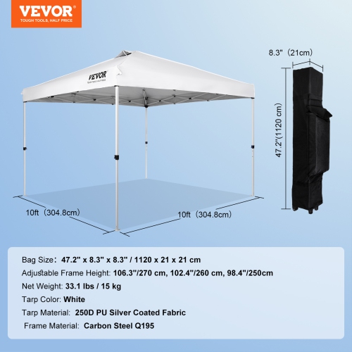 VEVOR 10 x 10 ft Pop Up Canopy Tent, 250 D PU Silver Coated Tarp, with Portable Roller Bag and 4 Sandbags, Waterproof and Sun Shelter Gazebo for
