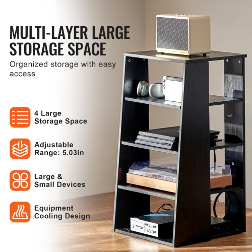 VEVOR 5-Tier AV Media Stand, Wooden Audio-Video Media Stand for DVD Players/Cable Boxes/Games Consoles, Height-Adjustable Media Storage Cabinet for