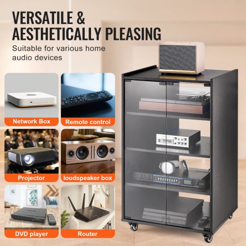 VEVOR 5-Tier AV Media Stand with Wheels, Wooden Audio-Video Media Stand for DVD Players/Cable Boxes, Height-Adjustable Media Storage Cabinet for