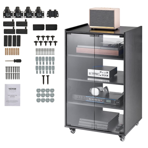 VEVOR 5-Tier AV Media Stand with Wheels, Wooden Audio-Video Media Stand for DVD Players/Cable Boxes, Height-Adjustable Media Storage Cabinet for