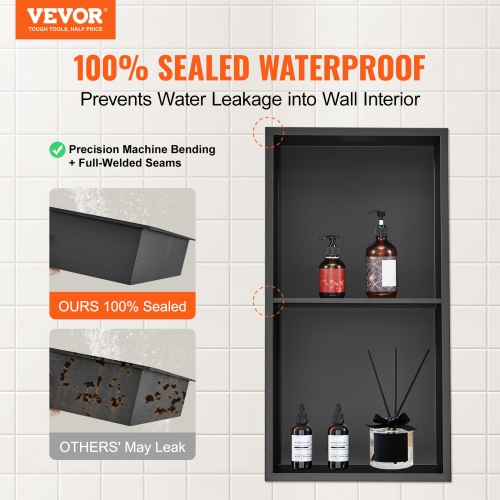 VEVOR 13"x25" No Tile Shower Niche 304 Stainless Steel, Wall-Inserted Niche Recessed Double Shelves, Sealed Waterproof Rust-Resistant Niche for