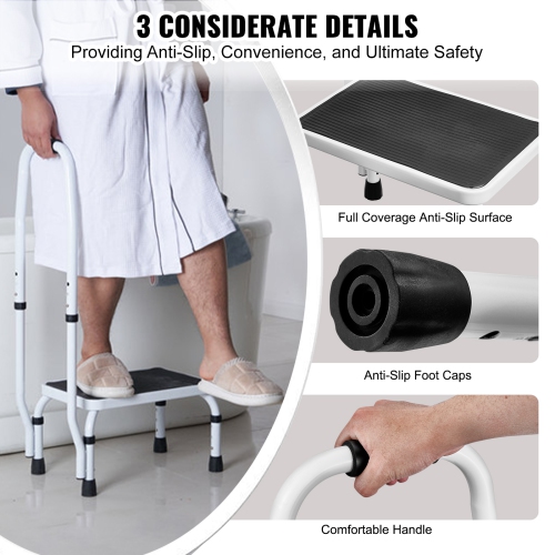 VEVOR 330lbs Capacity Step Stool 1-Step,3 Adjustable Height with Handle Steel Step Ladder, Portable Toddler Step Stools for Adults,Non-Slip Sturdy