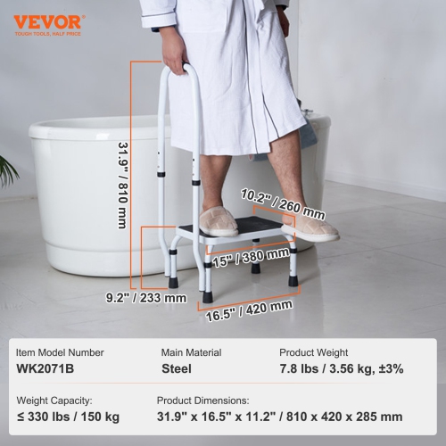 VEVOR 330lbs Capacity Step Stool 1-Step,3 Adjustable Height with Handle Steel Step Ladder, Portable Toddler Step Stools for Adults,Non-Slip Sturdy