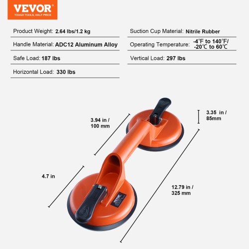 VEVOR 4.7" Glass Suction Cup, 2 Pack 330 lbs Load Capacity, Vacuum Suction Cup with Aluminum Handle, Suction Cup Lifter Tool for Glass, Granite,