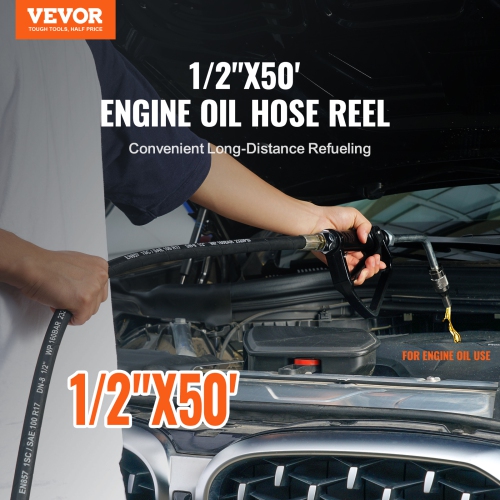 VEVOR 1/2" x 50', Extra Long Retractable Machine Oil Hose Reel,Spring Driven Auto Swivel Rewind, Heavy-Duty Carbon Steel Construction with Hose for