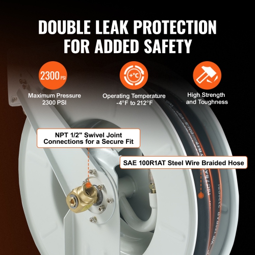 VEVOR 1/2" x 50', Extra Long Retractable Machine Oil Hose Reel,Spring Driven Auto Swivel Rewind, Heavy-Duty Carbon Steel Construction with Hose for