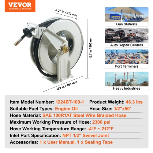 VEVOR 1/2" x 50', Extra Long Retractable Machine Oil Hose Reel,Spring Driven Auto Swivel Rewind, Heavy-Duty Carbon Steel Construction with Hose for