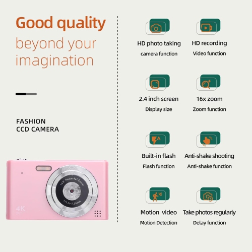 Pink 4K 48MP HD Retro Digital Camera – 16x zoom, 2.4" HD screen, CCD image stabilization